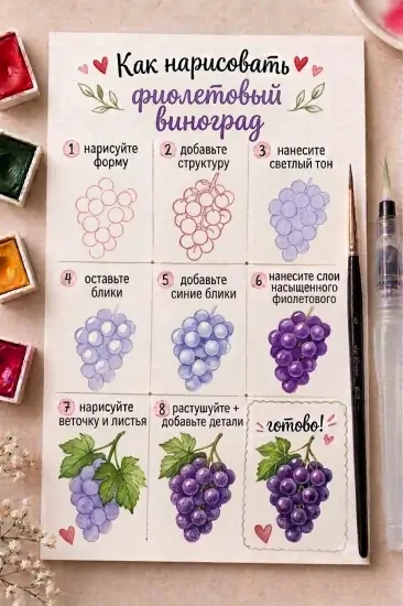 Урок: «Как нарисовать гроздь фиолетового винограда акварелью» — изображение 10
