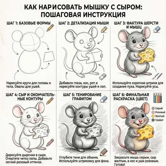 Как нарисовать мышонка с сыром: подробное руководство для начинающих художников — изображение 8