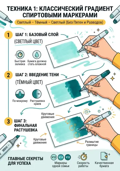 Скетчинг спиртовыми маркерами: Как делать плавные градиенты и смешивать цвета без пятен. — изображение 2